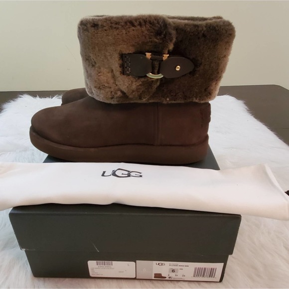 UGG Shoes - MSRP $350 New! UGG Size 6 Mini Berge Dark Brown Suede Shearling Cuffed Boots